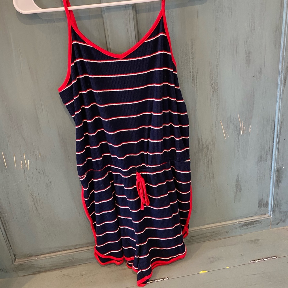 Navy blue, red, and white striped romper